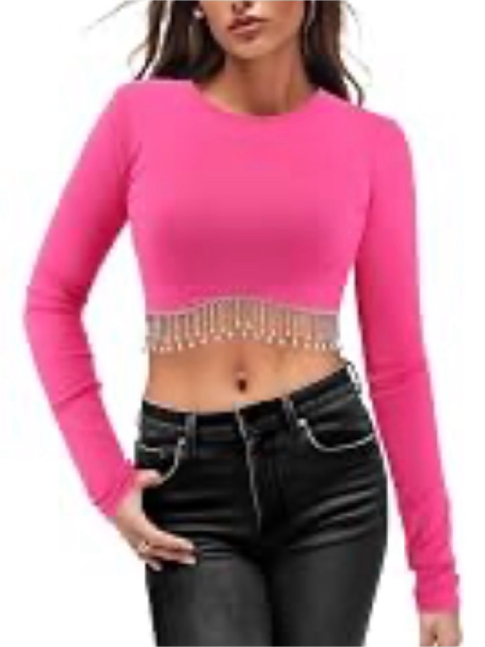 Sincerely Jules Cropped Pink Long-Sleeve Top with Beaded Fringe